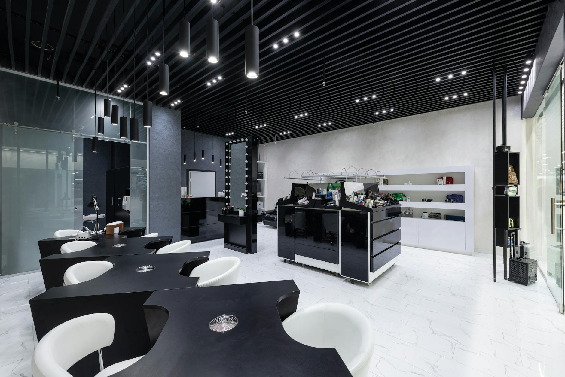 Modern hair salon interior with professional styling stations